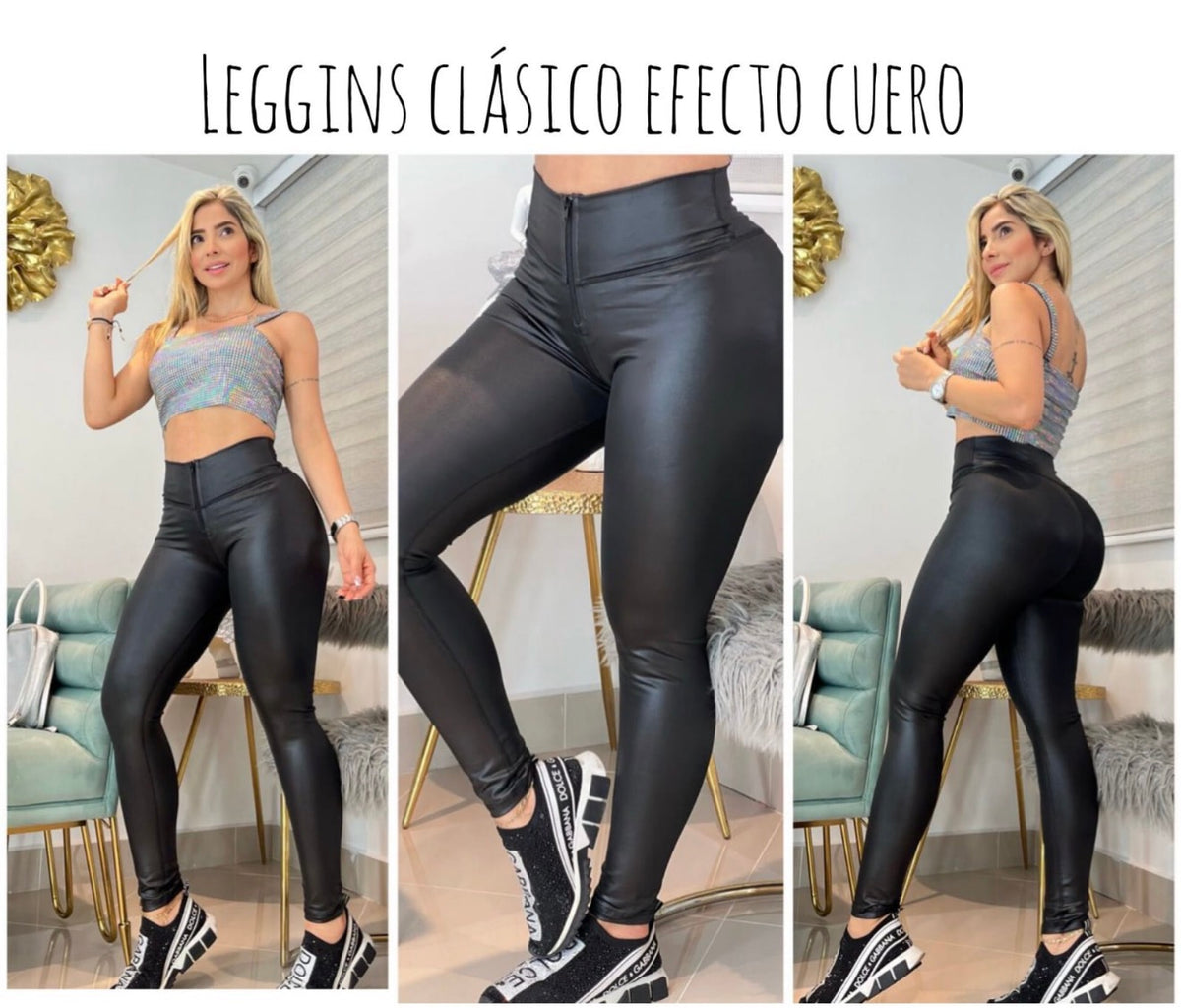 Leggings Colombianos Efecto Cuero Brillante - Levanta Cola y Control Abdomen